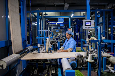 A factory worker operates textile machinery