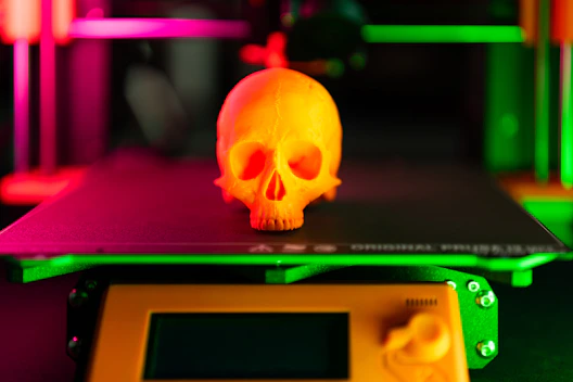 A 3d-printed skull sits on a printing bed.