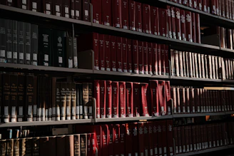 Books fill shelves in a well-lit library.