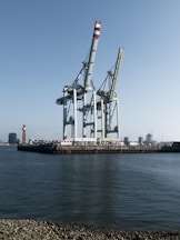 Large cranes stand tall over the water.