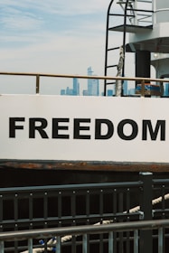 The word "freedom" is seen on a ferry.
