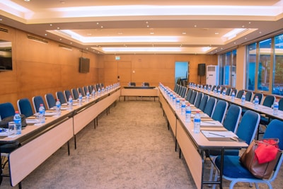An empty conference room is ready for a meeting.
