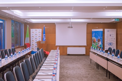 A conference room set up for a meeting.