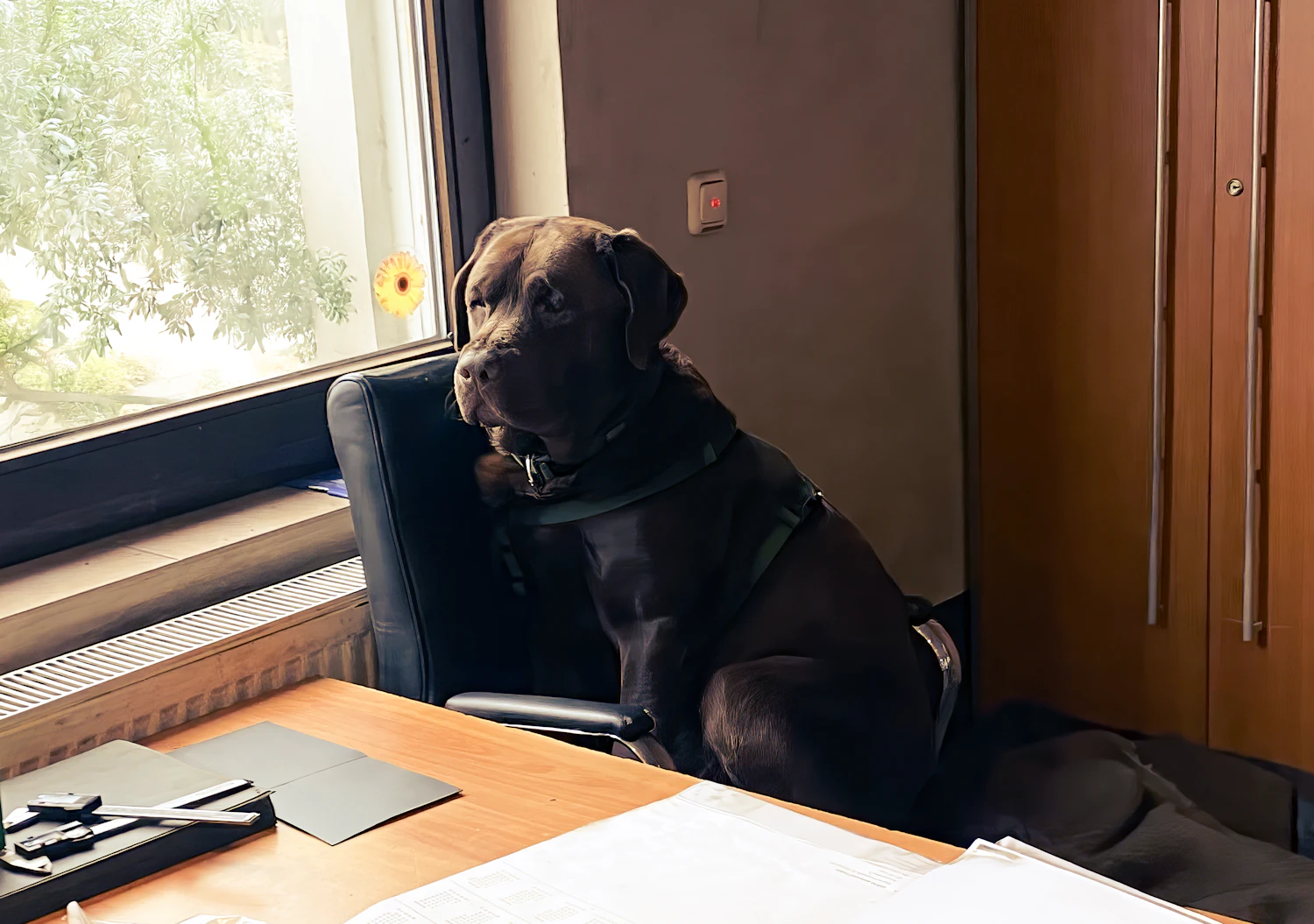 A calm Labrador in a harness resting in a chair by a window with papers nearby, waiting quietly while work gets done