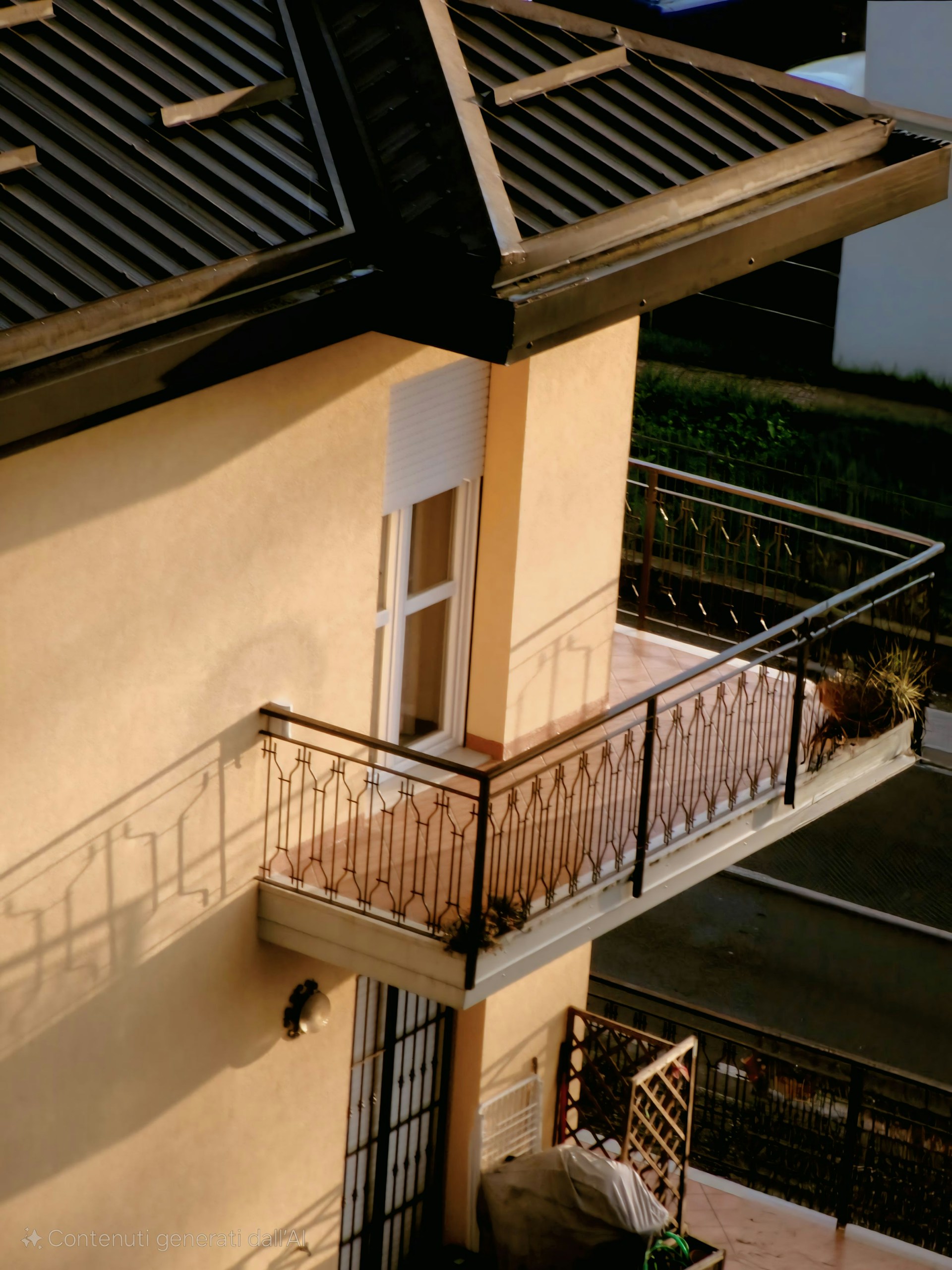 A building with a balcony, seen from above.