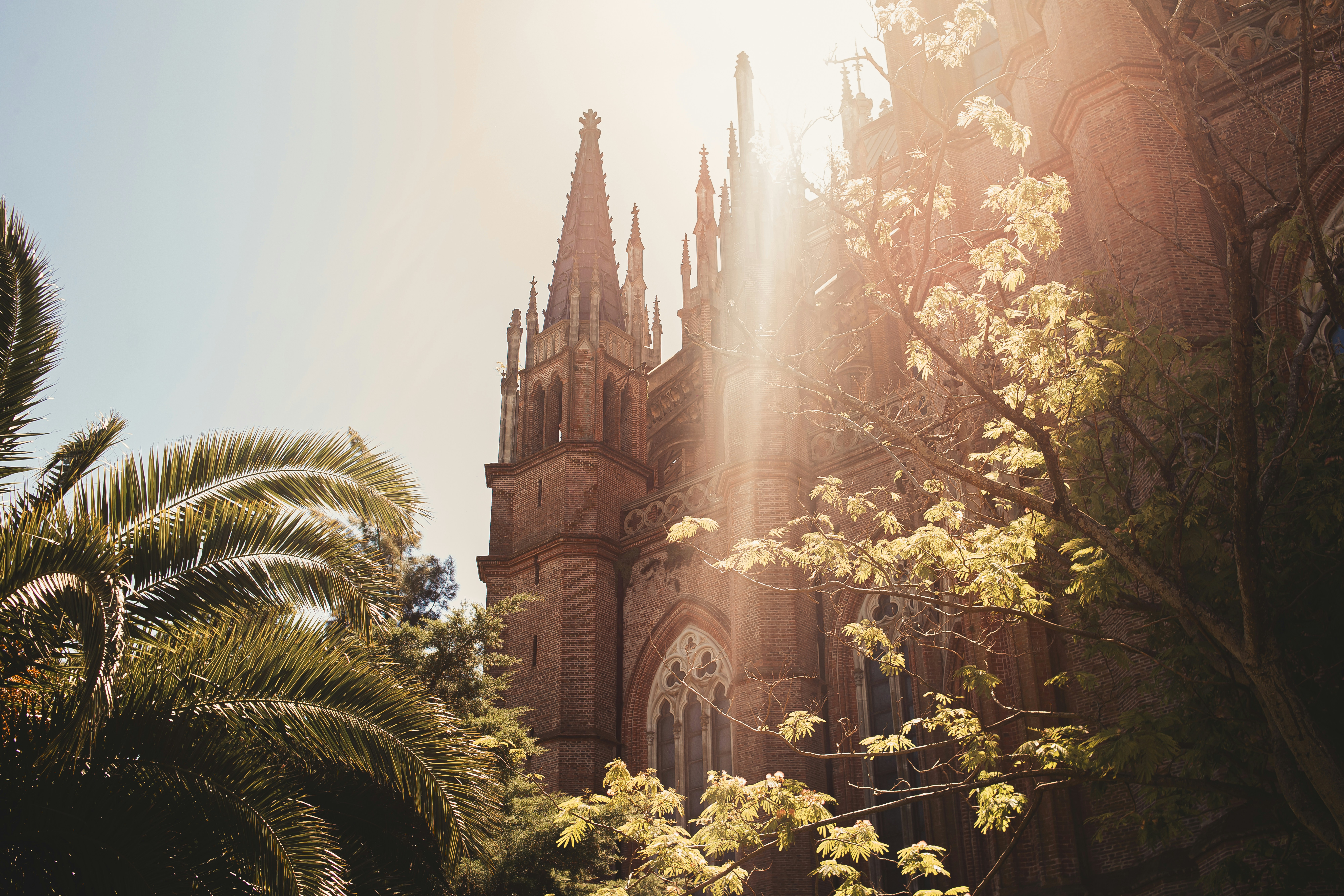 Sunlight shines on a gothic cathedral.