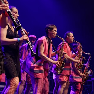 A band plays saxophones and clarinet on stage.