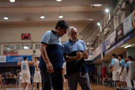 Basketball coaches discuss strategy on the court