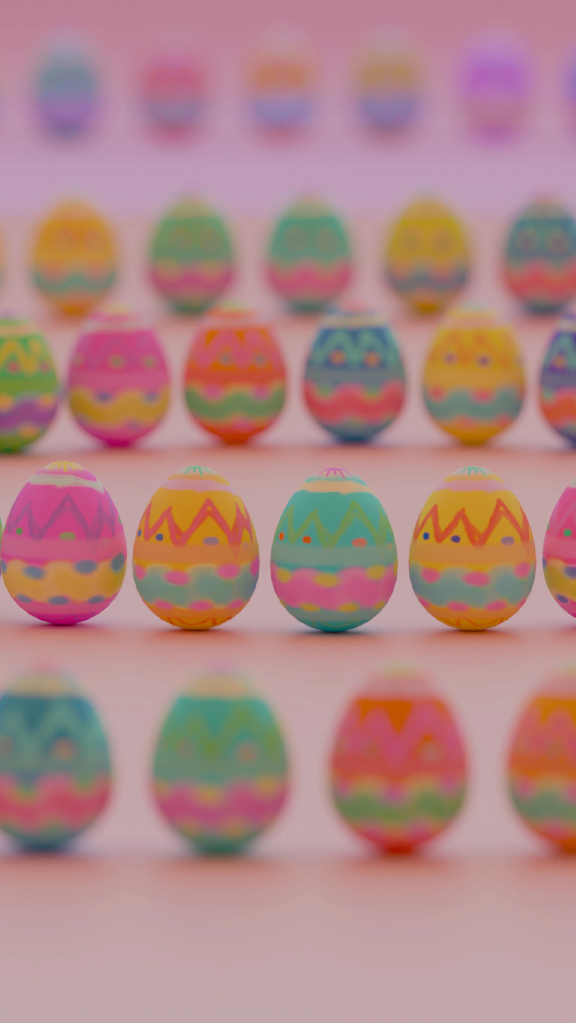 Easter eggs are arranged in neat, colorful rows.