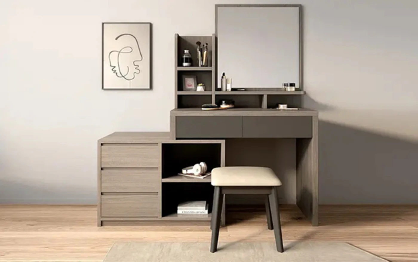 Modern vanity with a mirror and stool