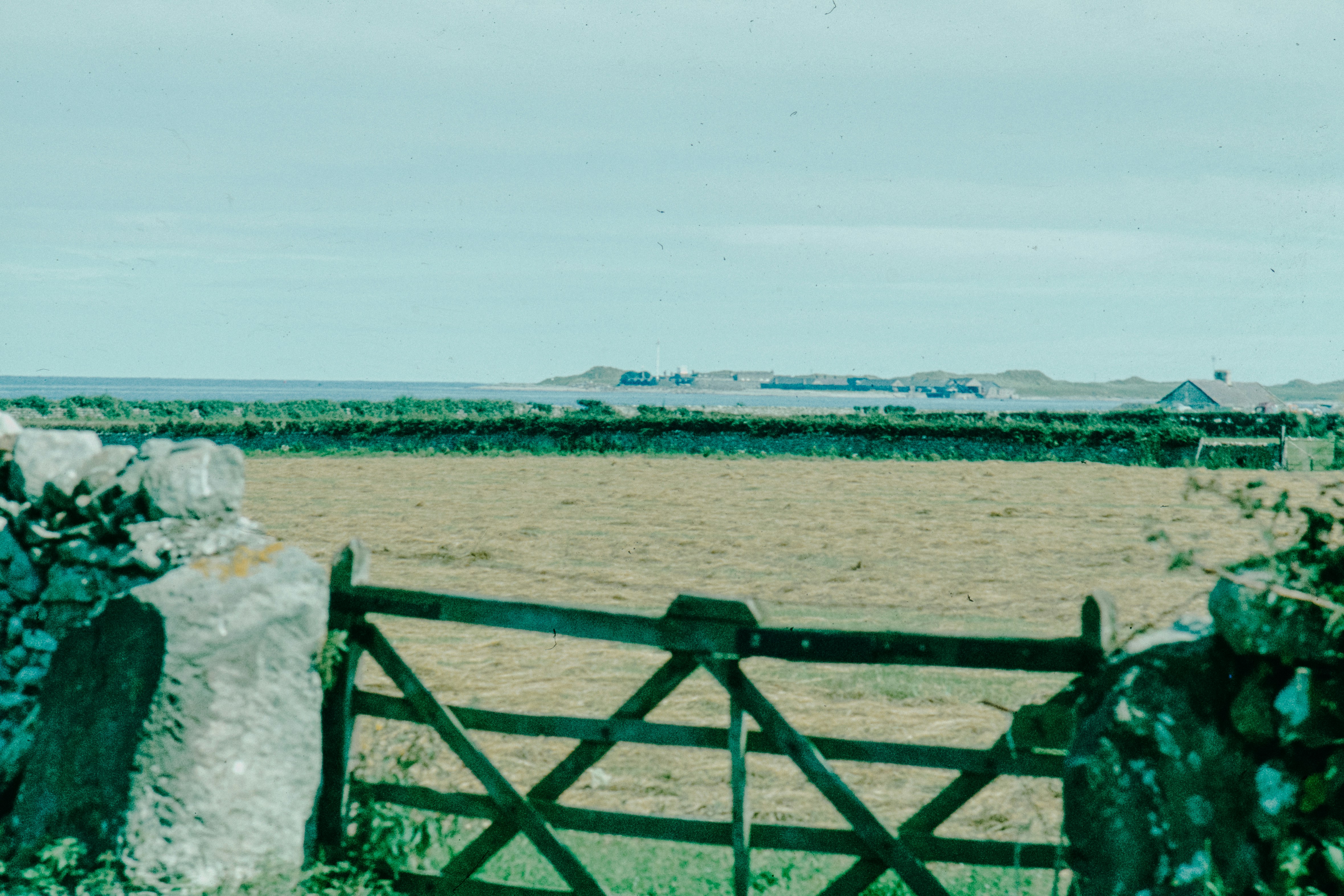 A field framed by a stone wall and gate.