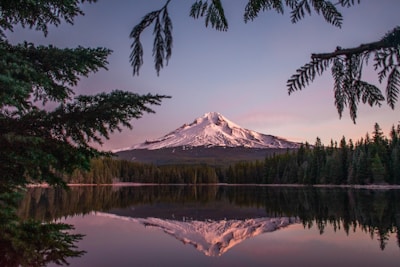 Snowy mountain reflected in calm lake waters.