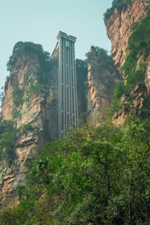 A tall elevator towers through cliffs and forest.