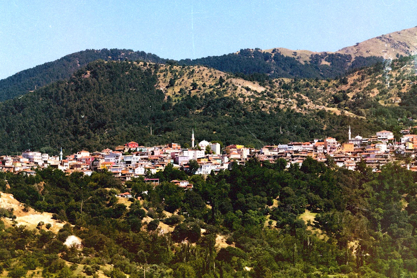 A mountain town nestled amongst forested hills.