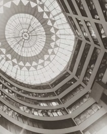 Interior view of a building with a glass ceiling.