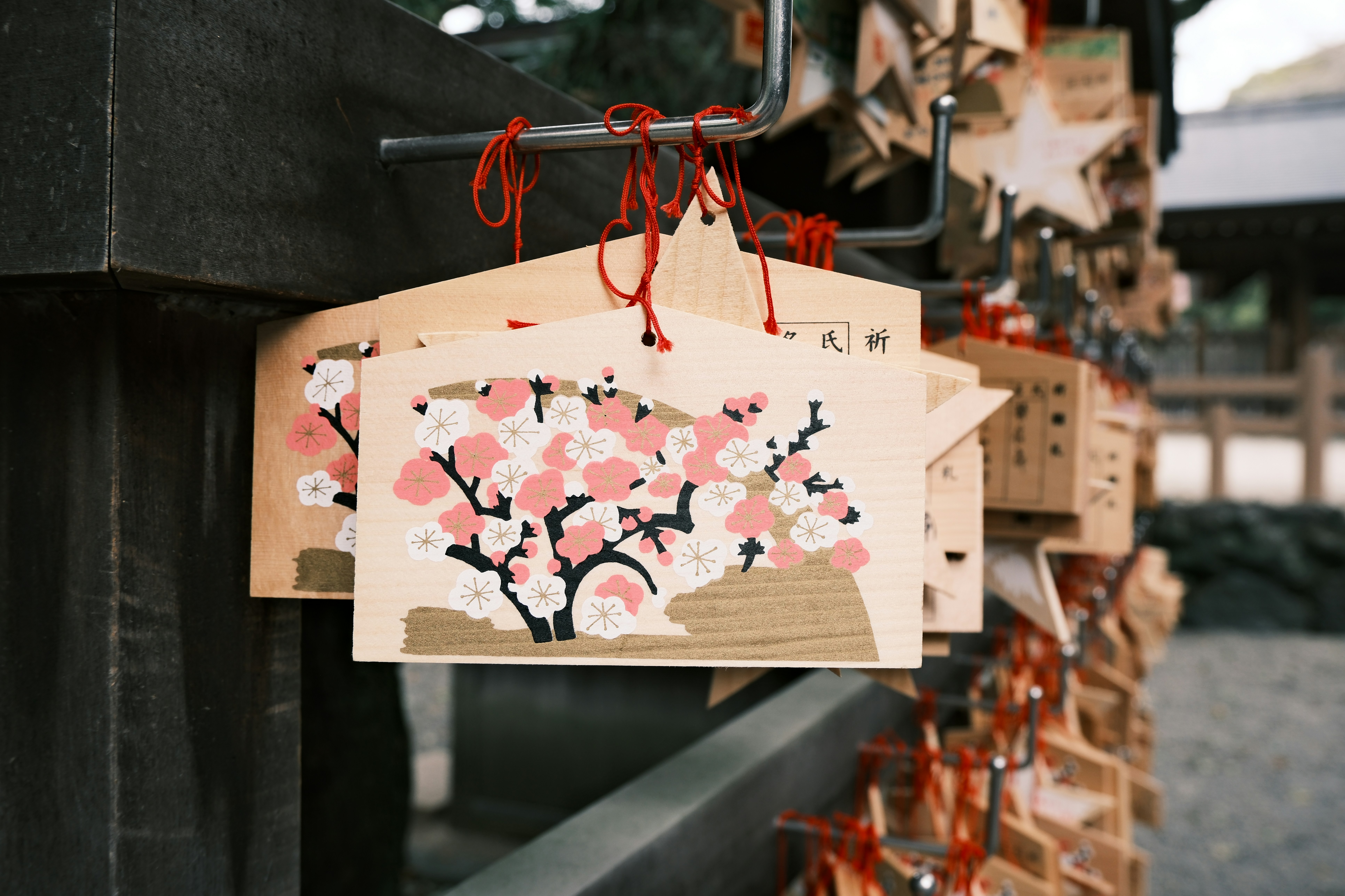 Cherry blossom prayer tablets hang outside.