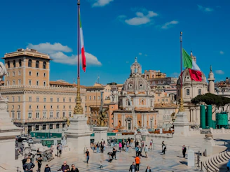 Beautiful view of a city square with italian flags