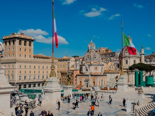 Beautiful view of a city square with italian flags
