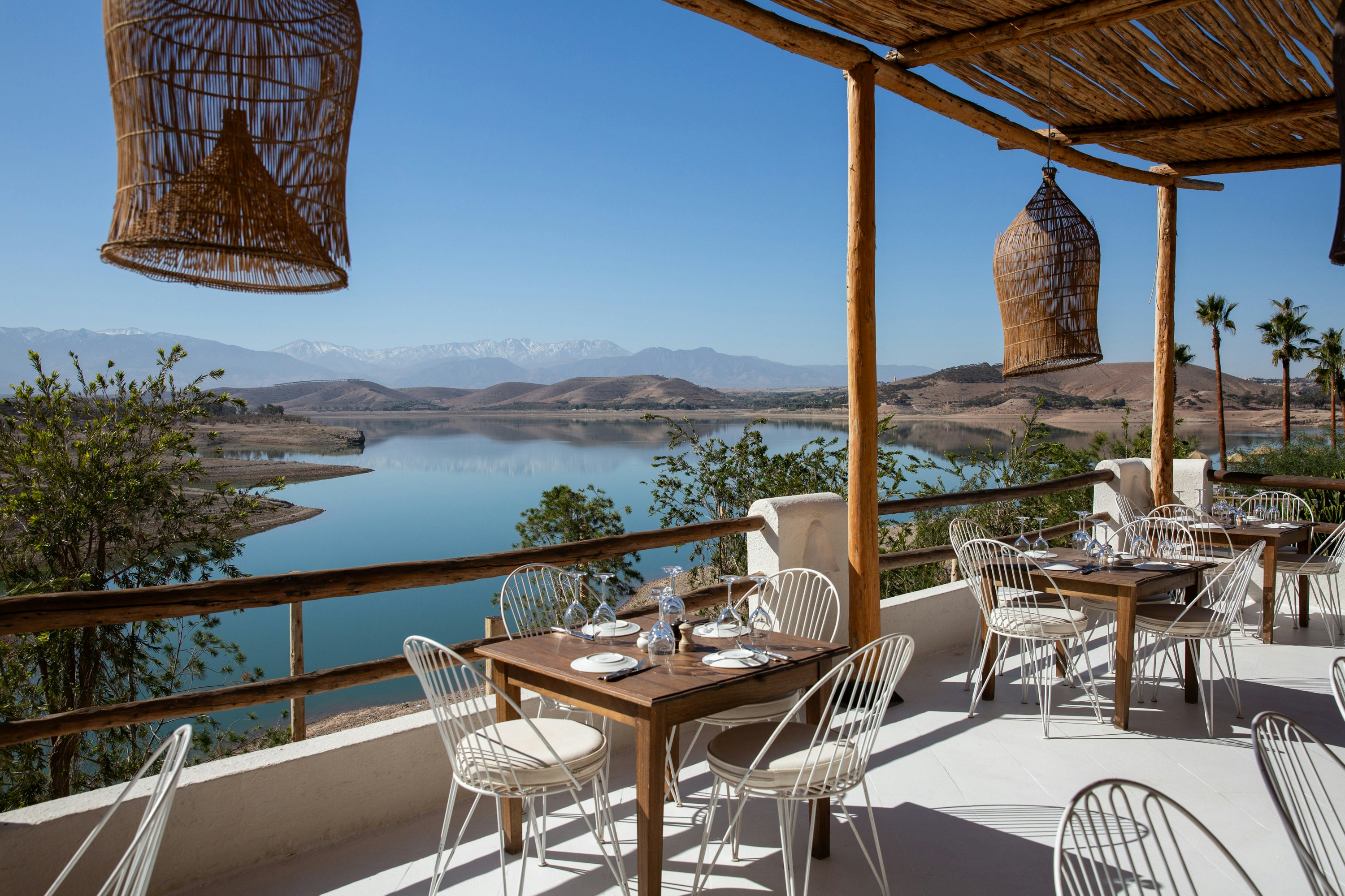 Restaurant patio offers a beautiful lake view.