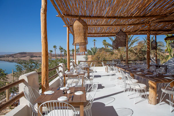 A restaurant with outdoor seating offers a nice view
