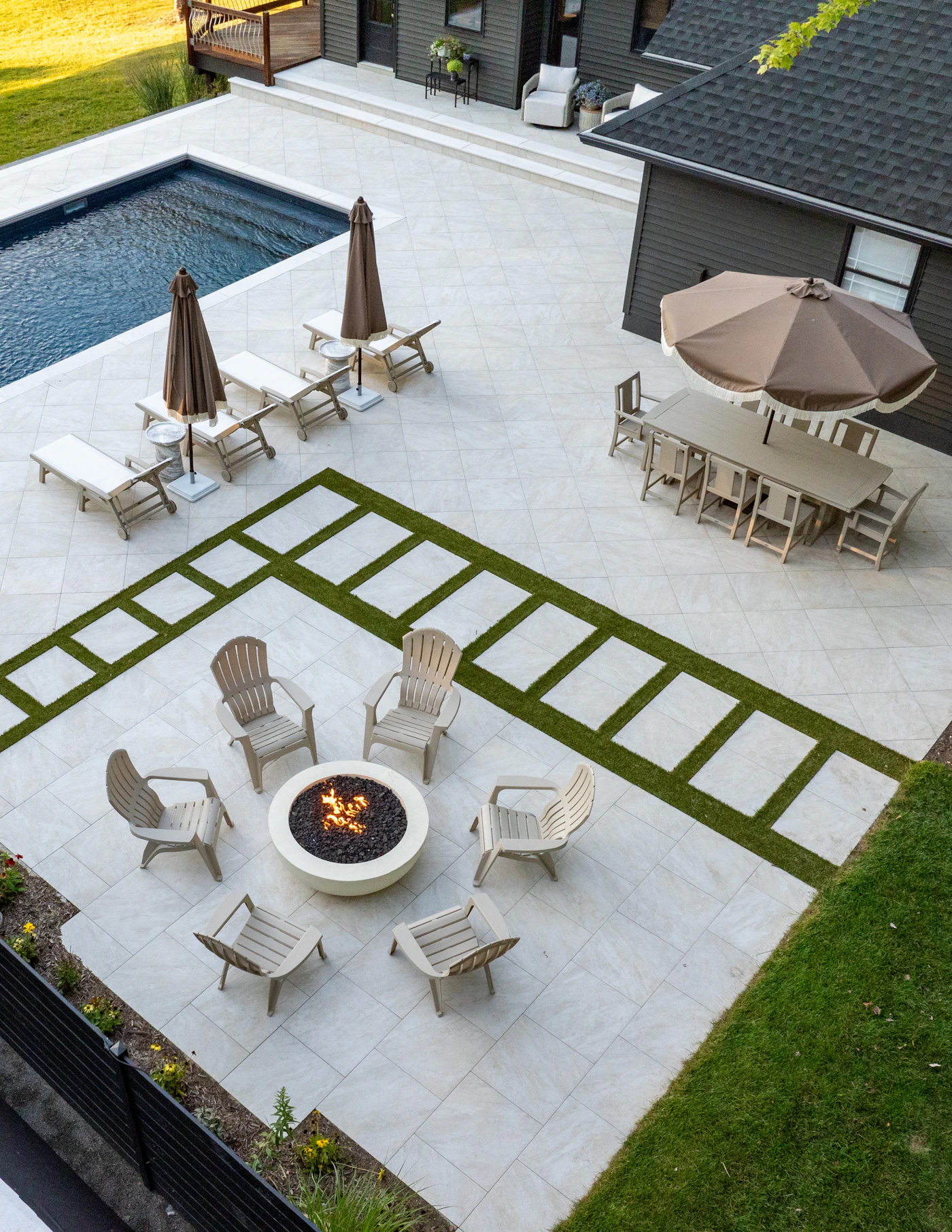 Warm stone patio with comfortable outdoor seating