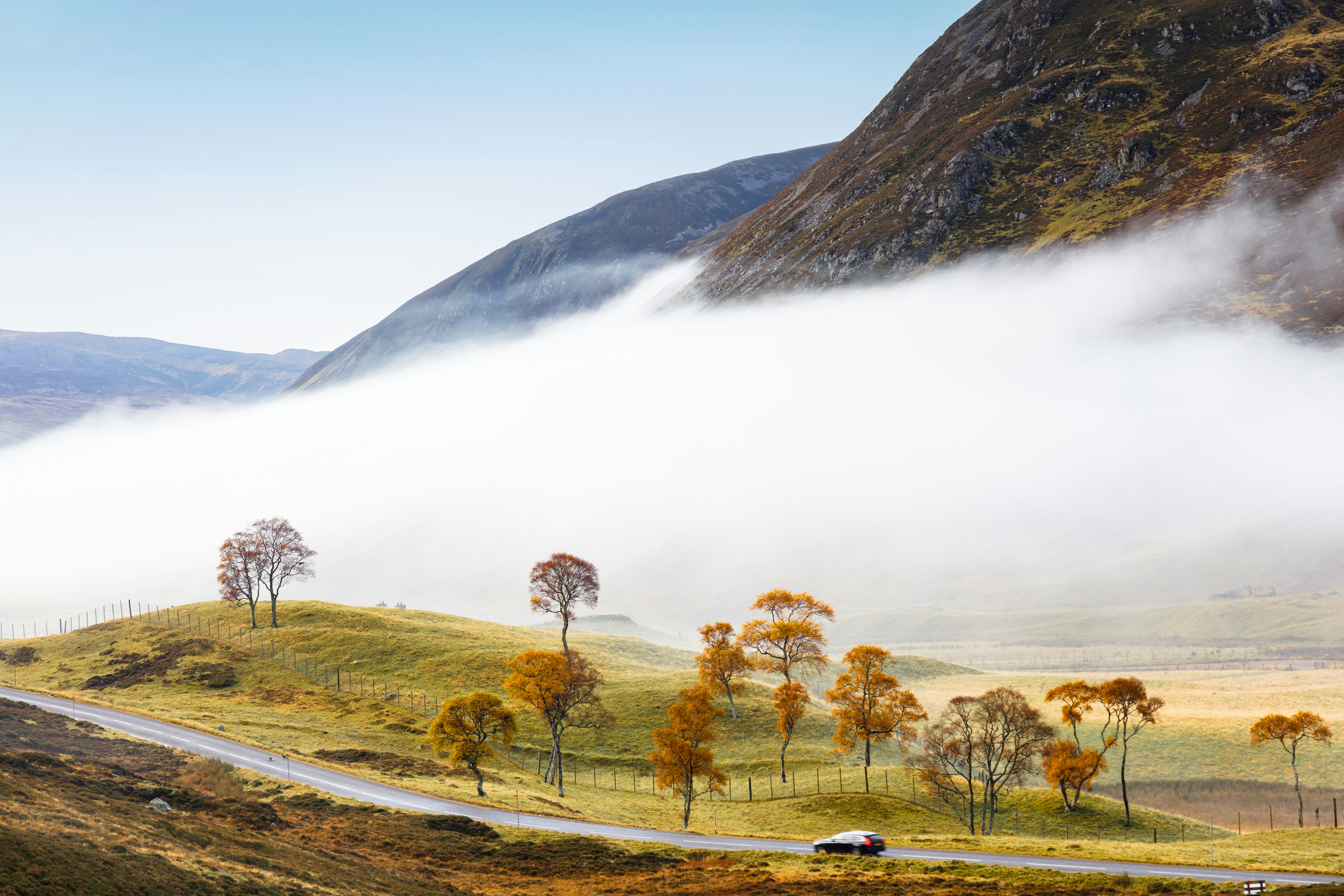 Rolling hills, autumn trees, and a mountain in fog.