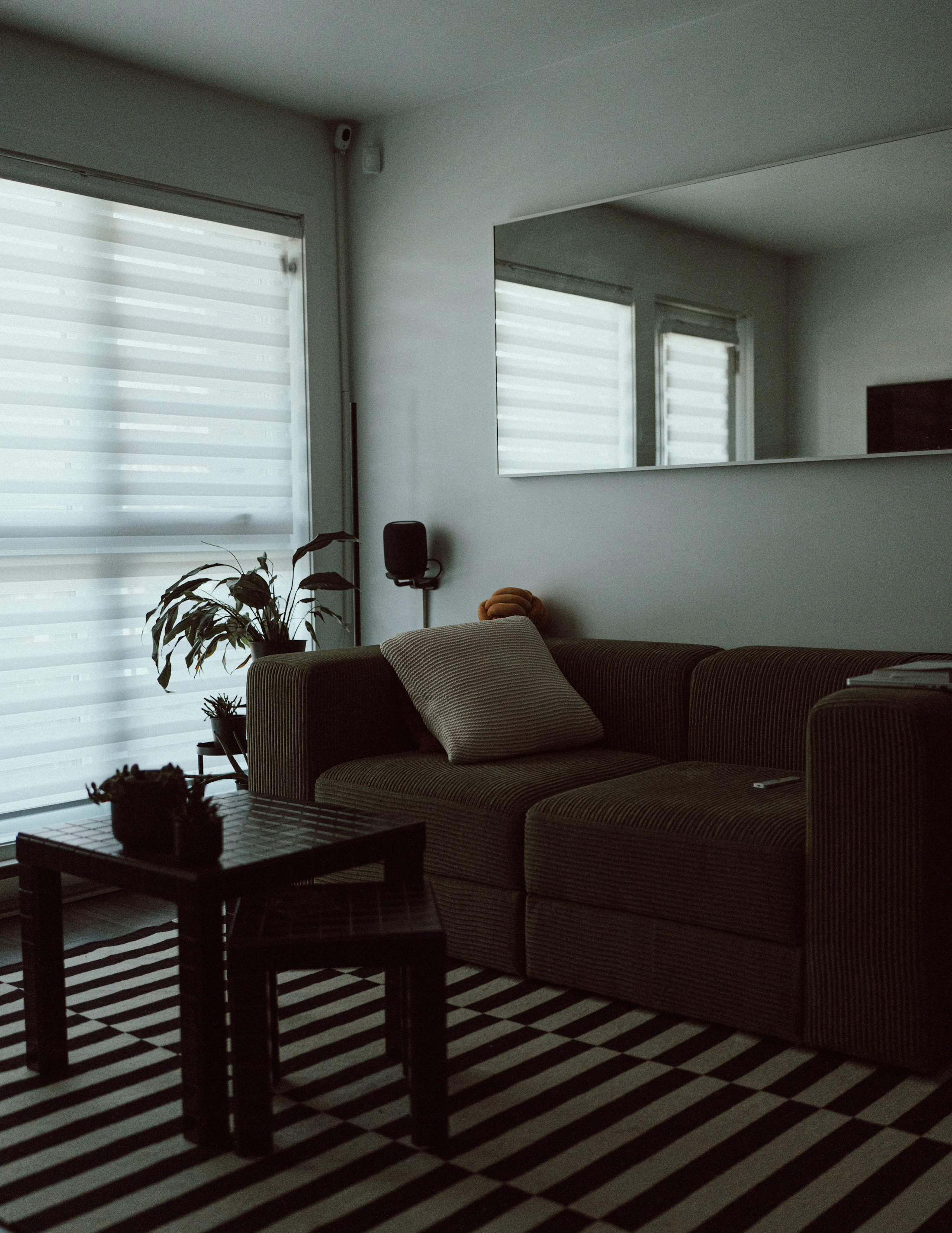Warm contemporary living room with neutral furniture, a comfortable sofa, curtains and thoughtfully arranged decor