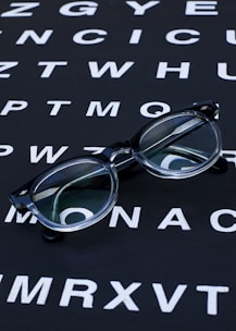 Glasses sit on an eye chart.