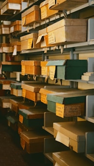 Shelves filled with labeled boxes.
