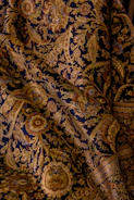 The fabric shows intricate paisley patterns.