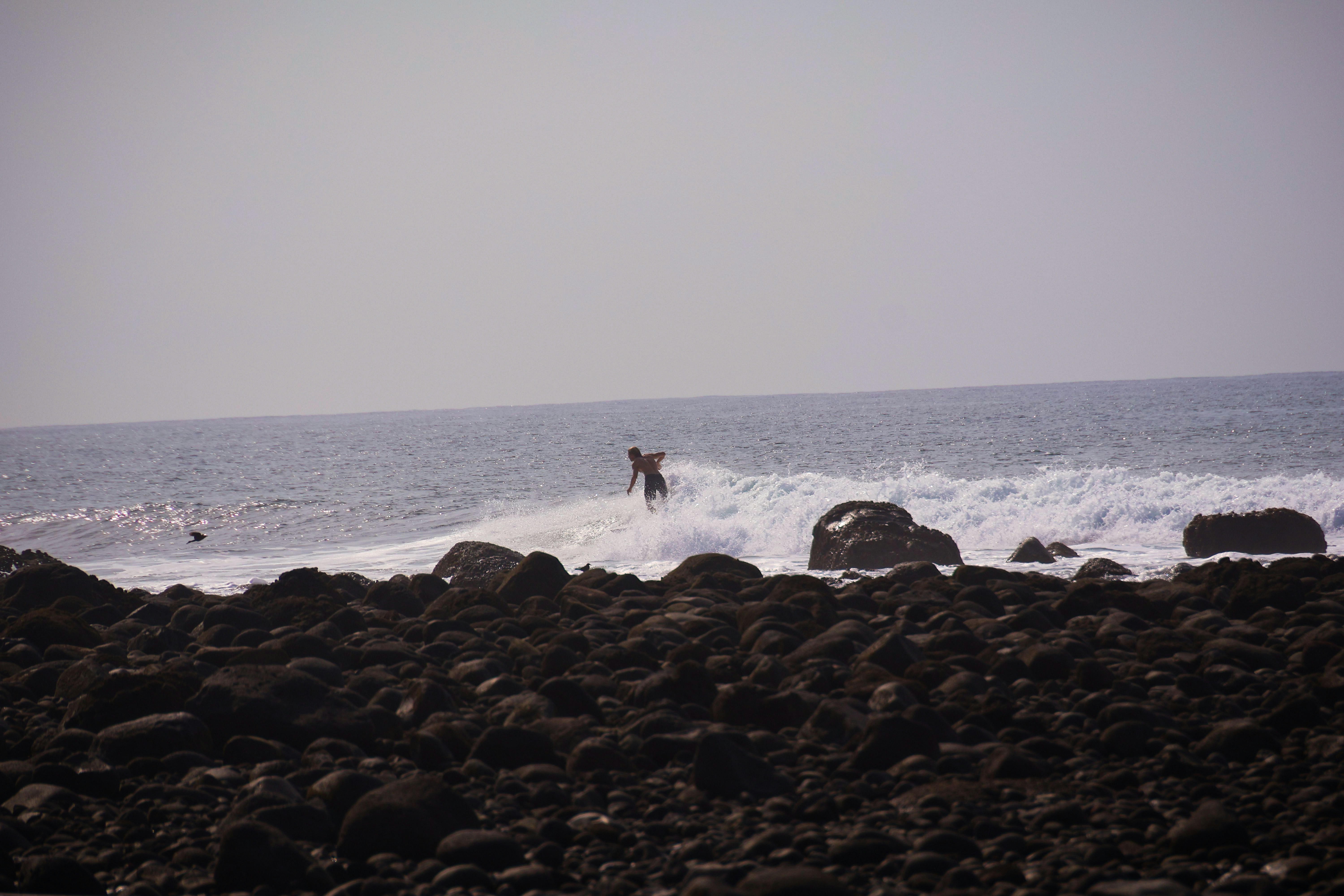 Surfer rides a wave near rocky shore.