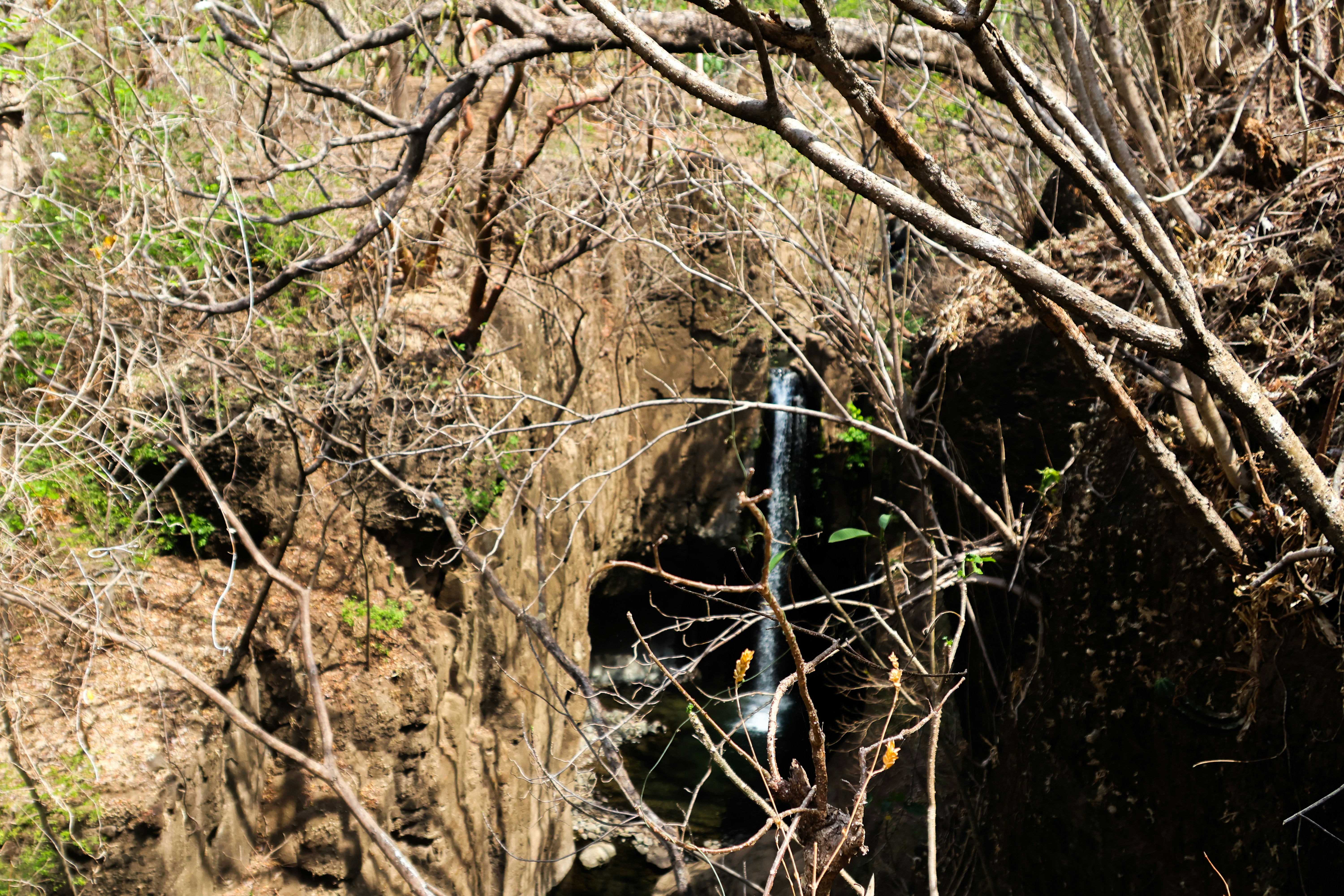 A small waterfall cascades through a rocky gorge.