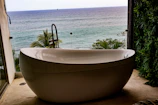 A luxurious bathtub overlooks the beautiful ocean.