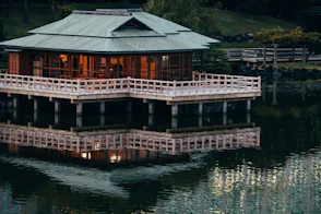 A beautiful wooden building reflects in the water.