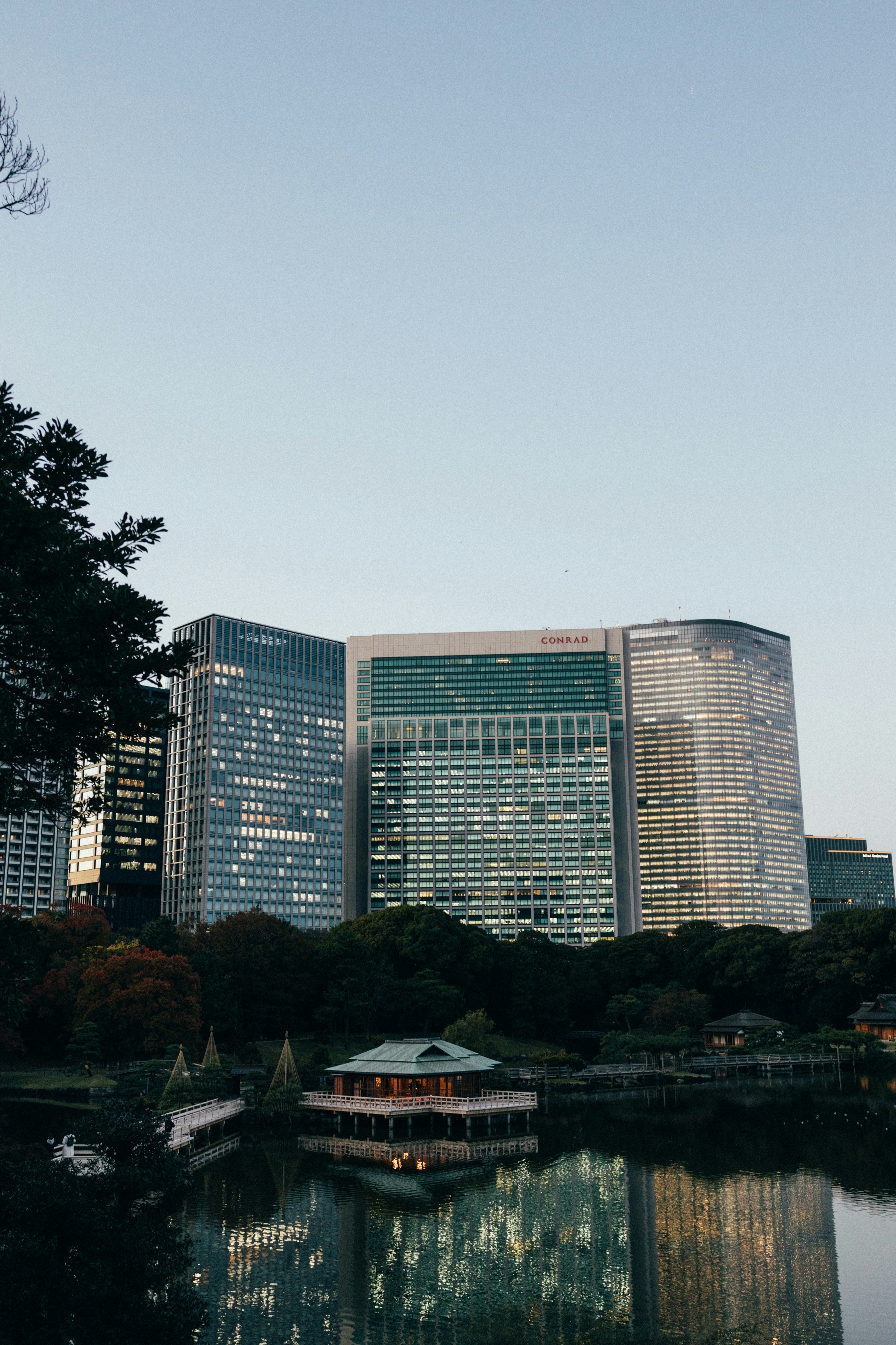 Skyscrapers and a pond reflect in the evening light.