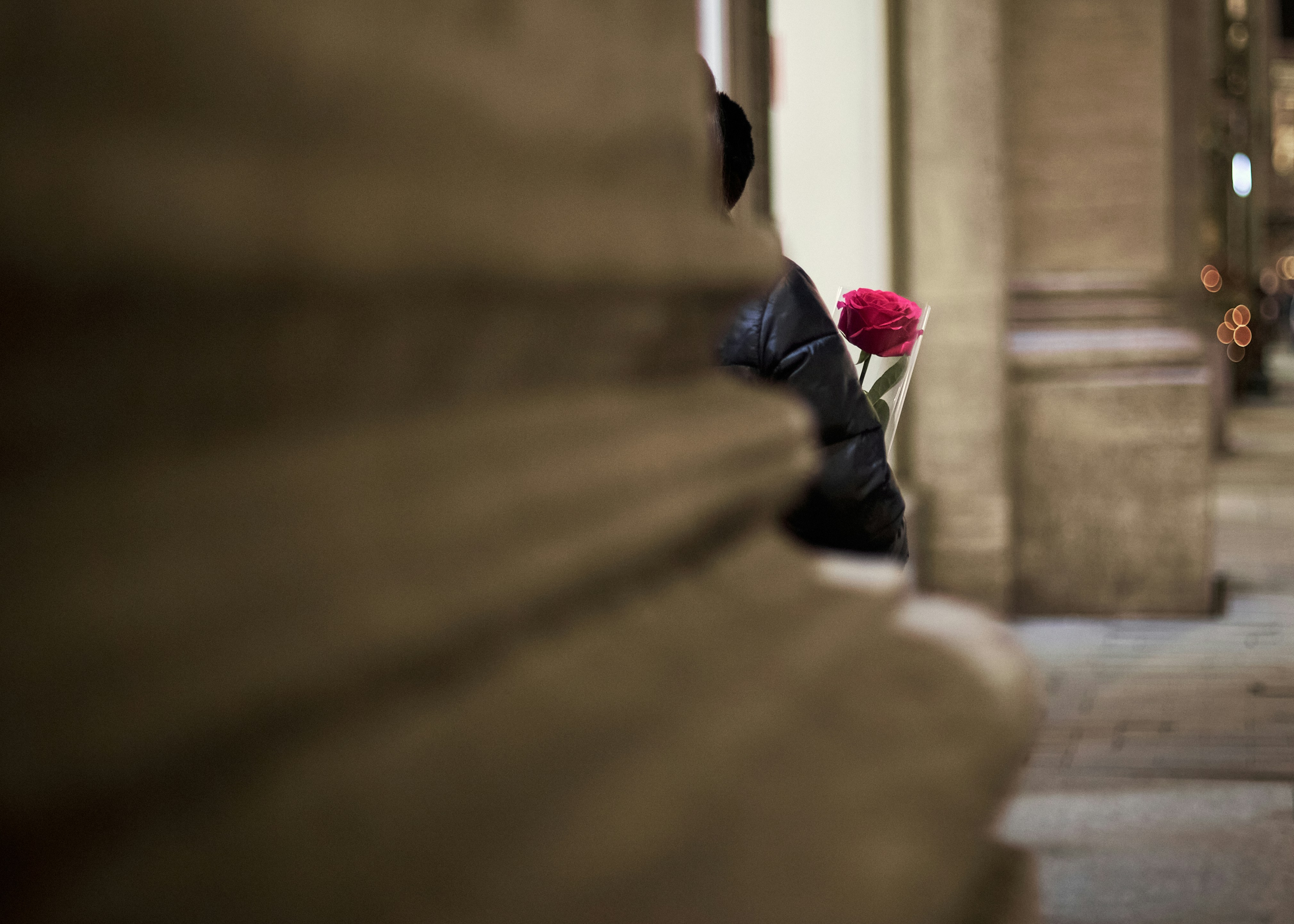 A person holds a rose in an archway.