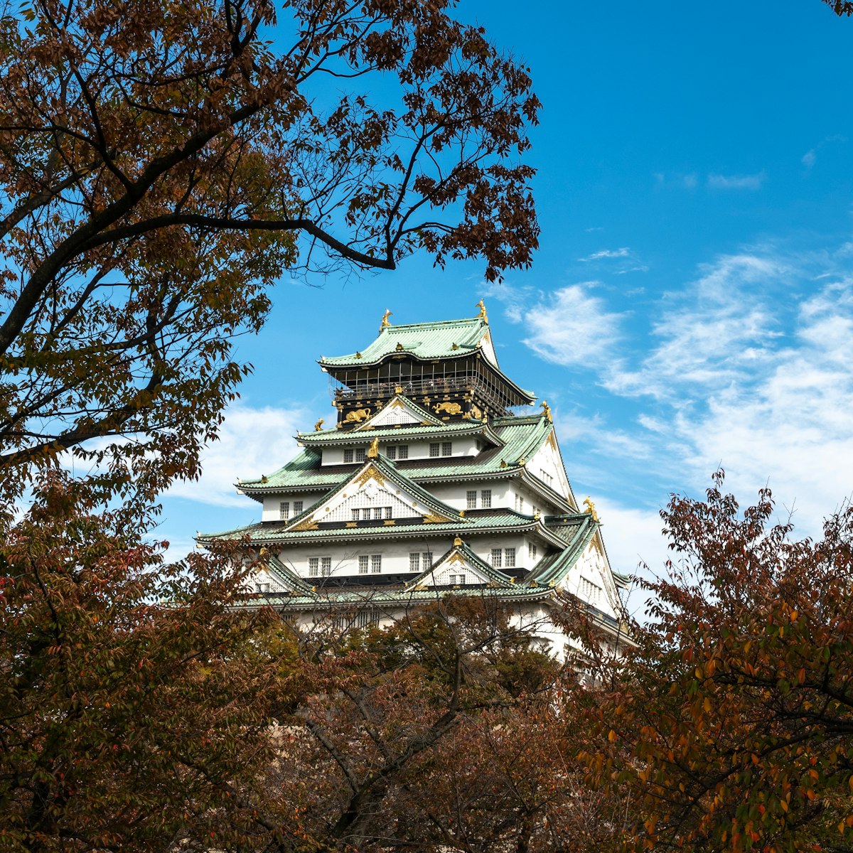 Osaka Castle framed by autumn foliage