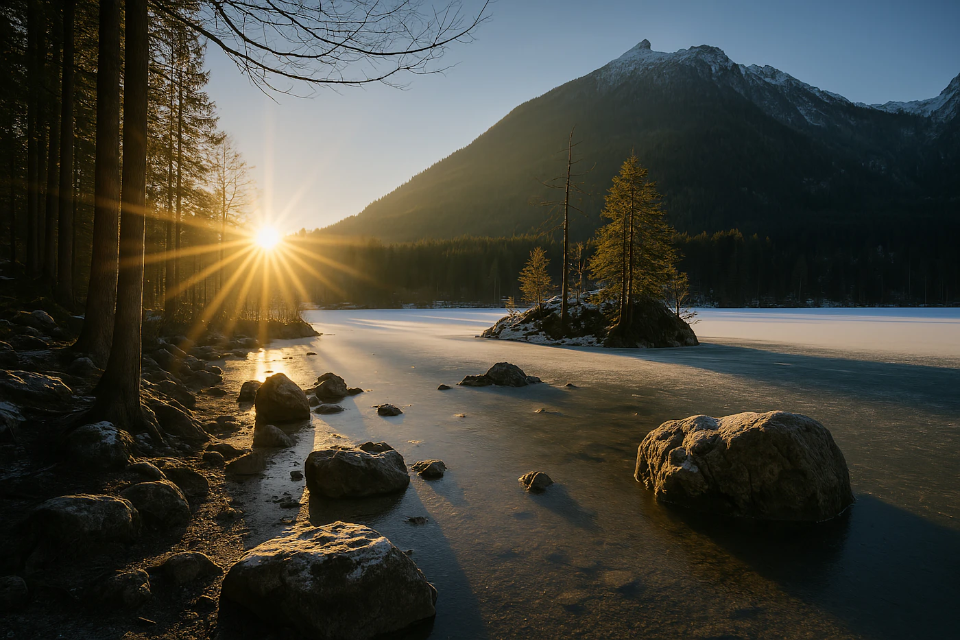 Golden sunrise over a frozen alpine lake with mountains
