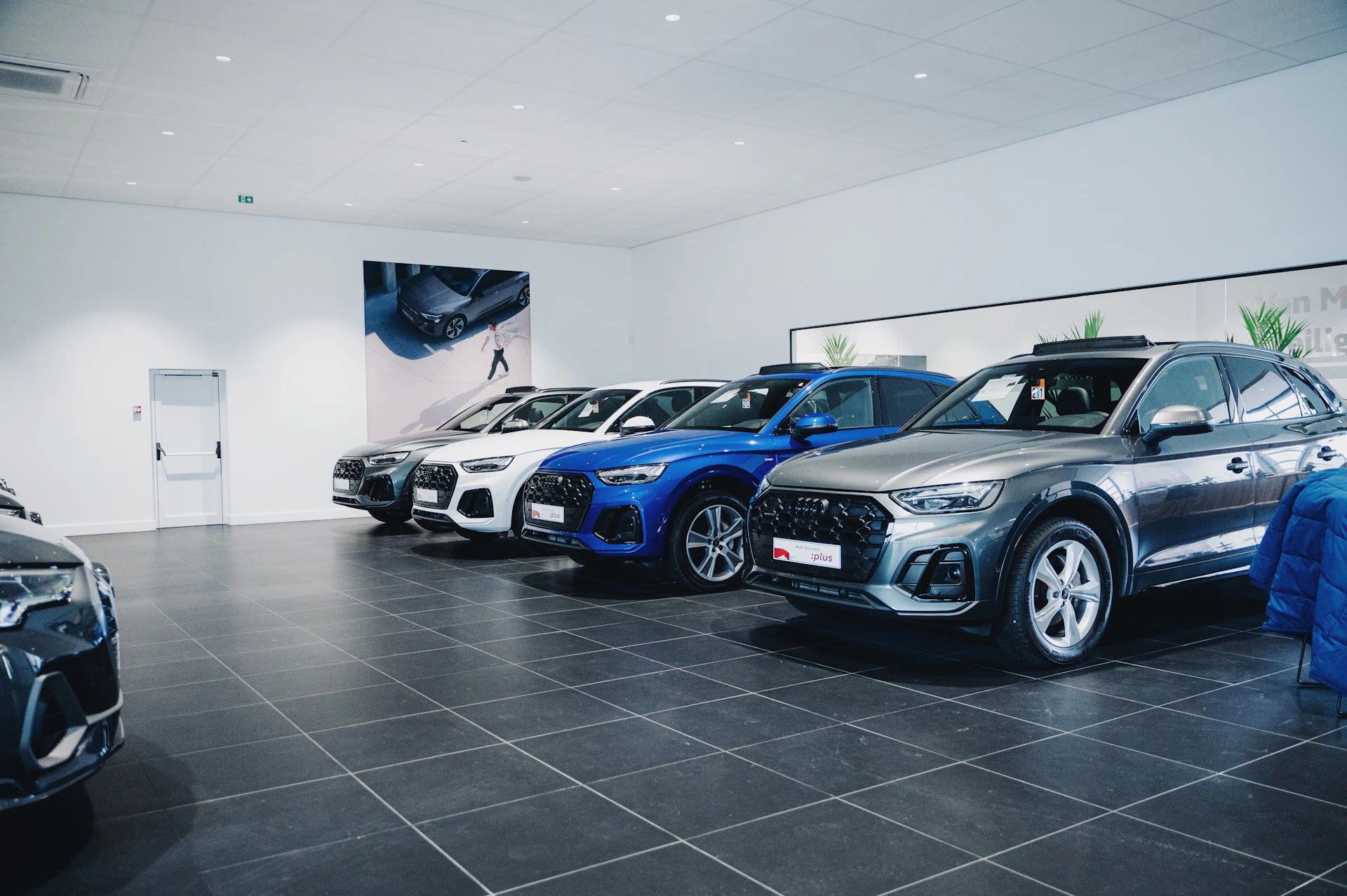 Cars are lined up in a showroom.