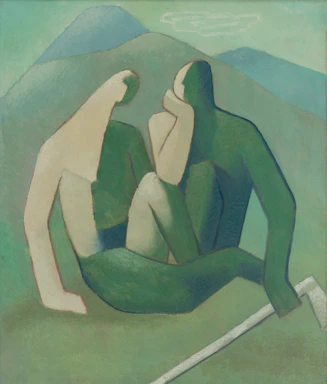 Two abstract figures resting on a grassy hillside