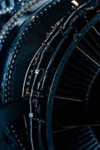 Close-up view of a jet engine's interior.