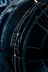 Close-up view of a jet engine's interior.