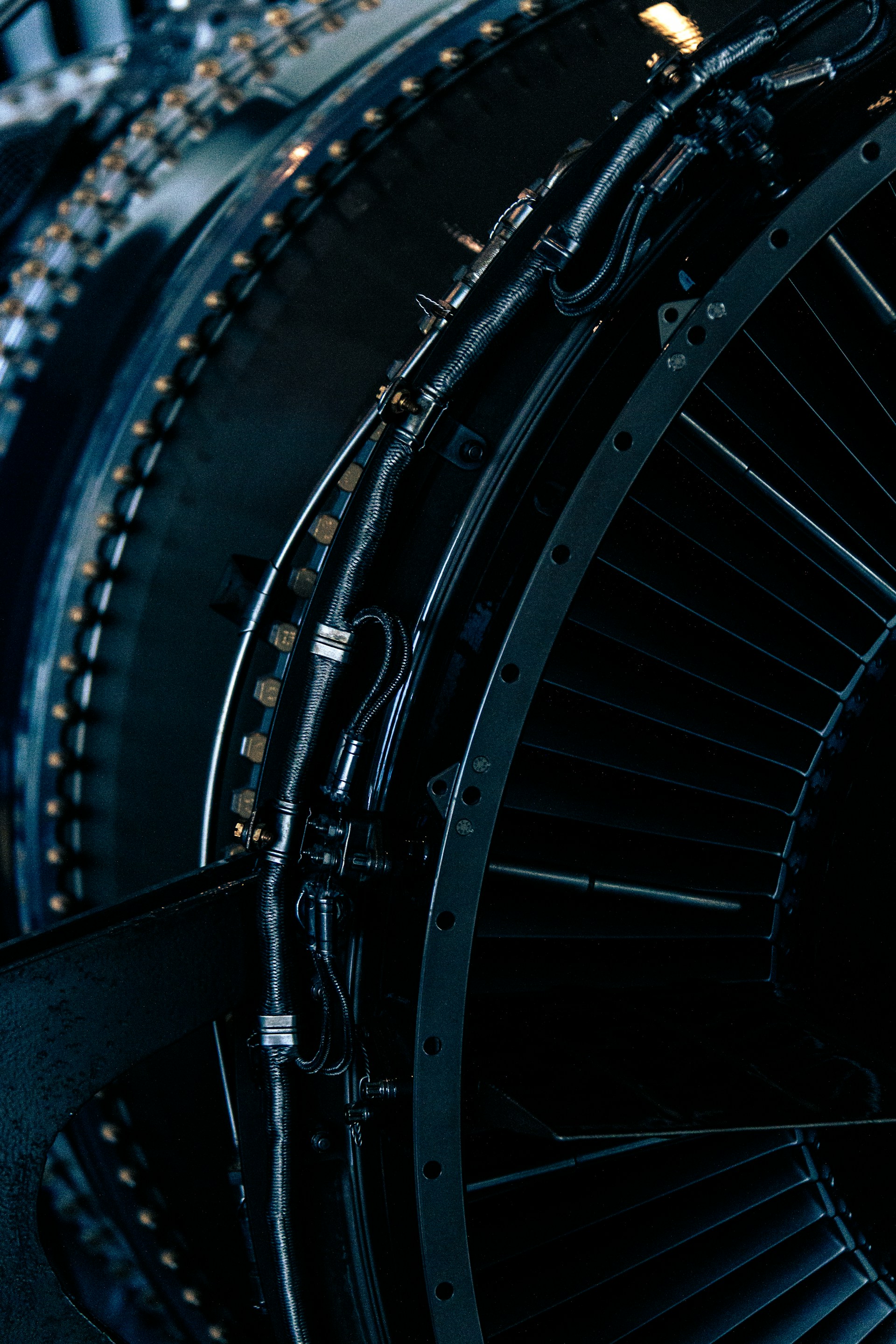 Close-up view of a jet engine's interior.
