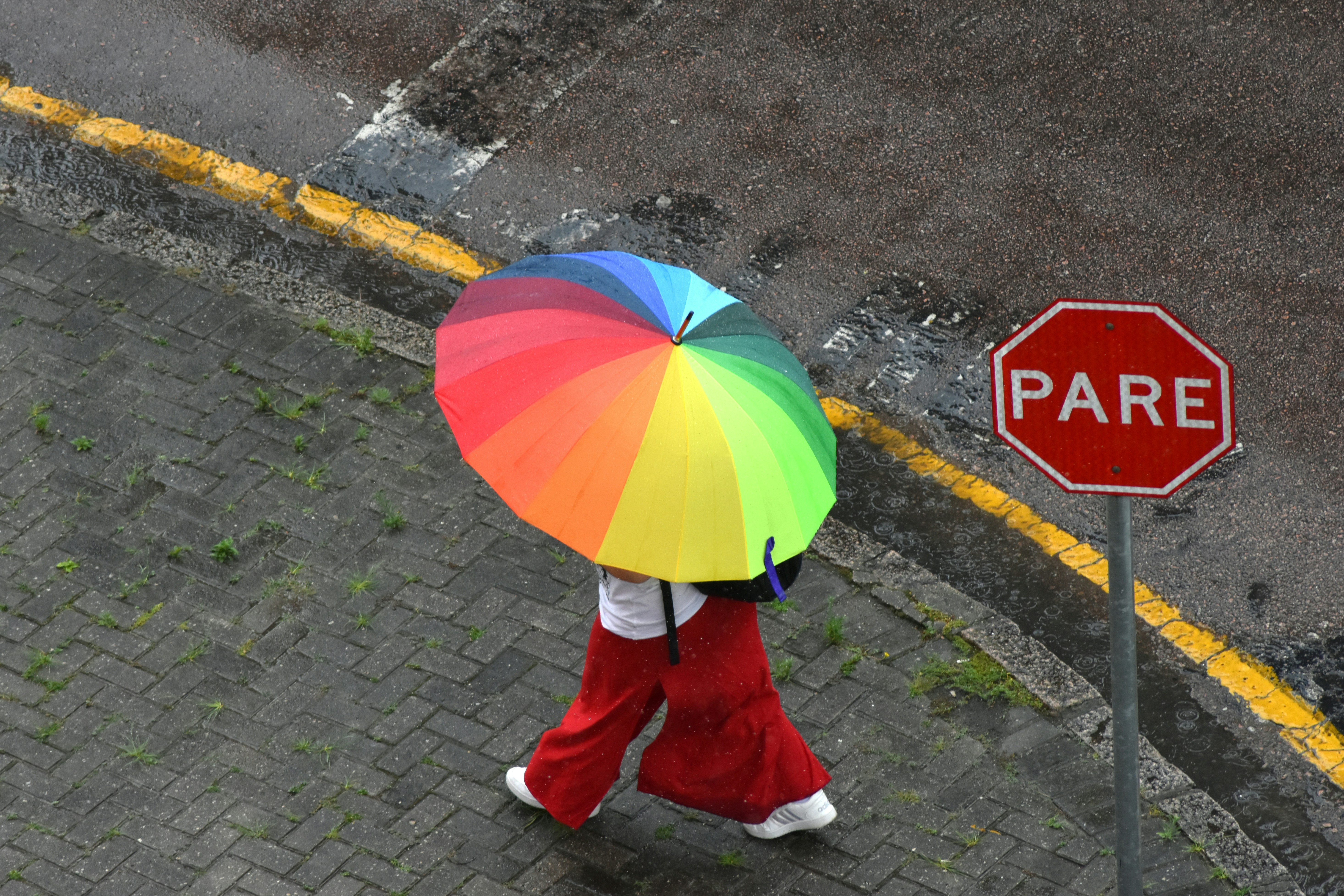 Person walks with colorful umbrella near a stop sign.