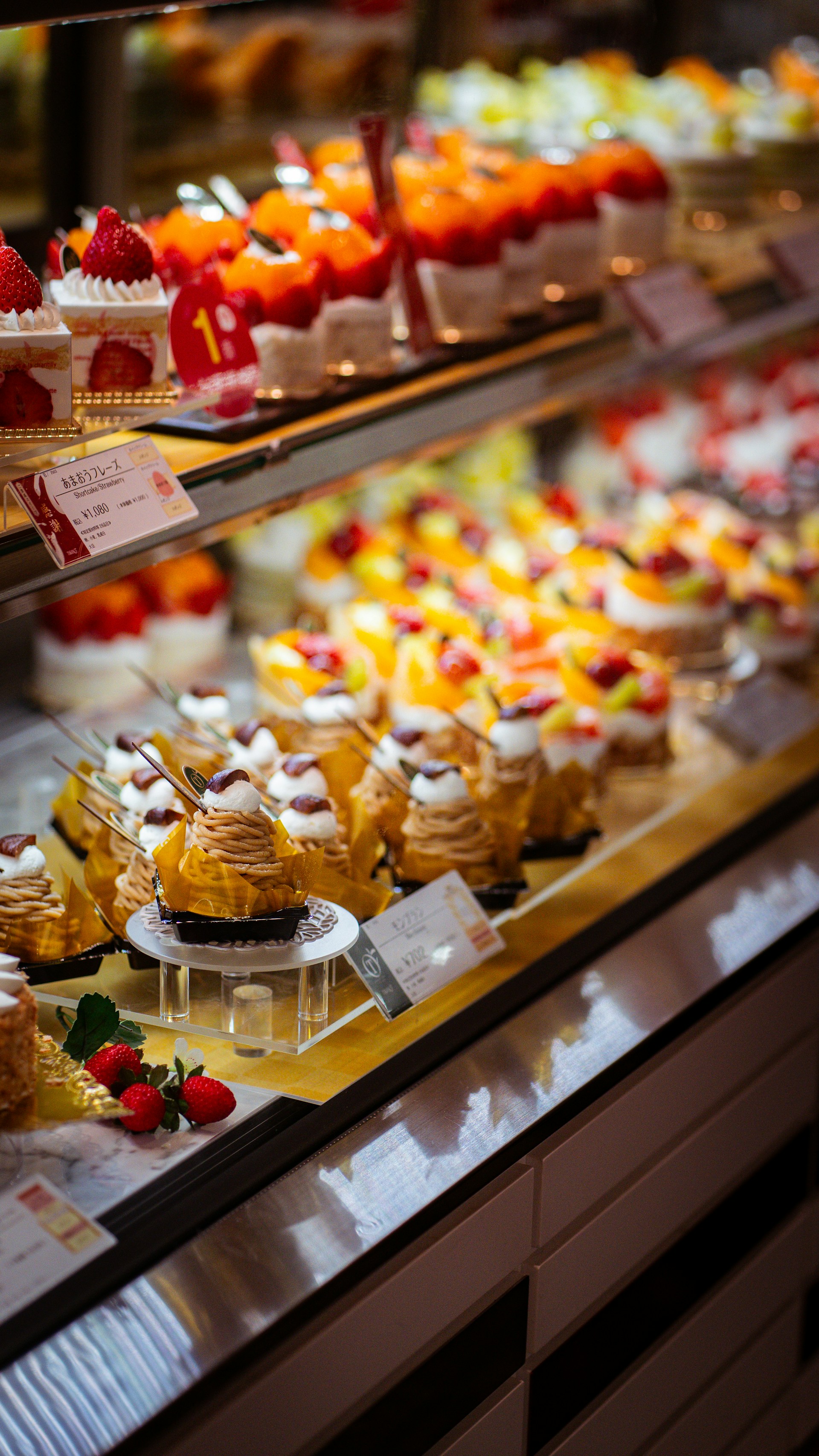 Delicious cakes and pastries are on display.