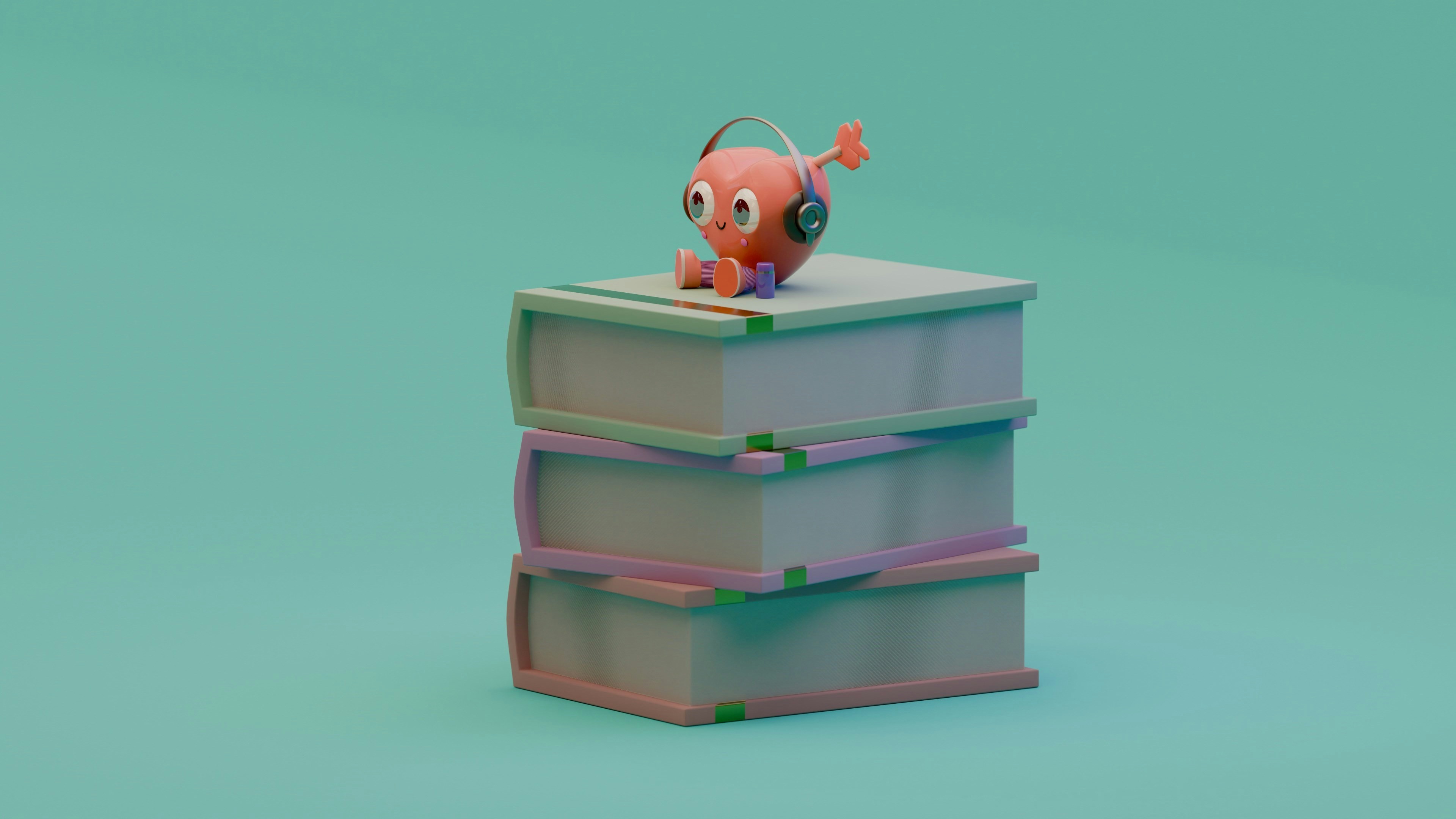 Orange creature with headphones reading books