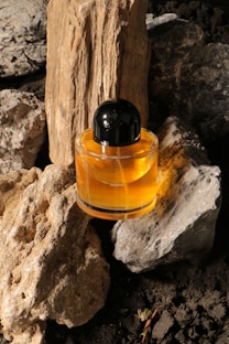 A perfume bottle rests amongst rocks.