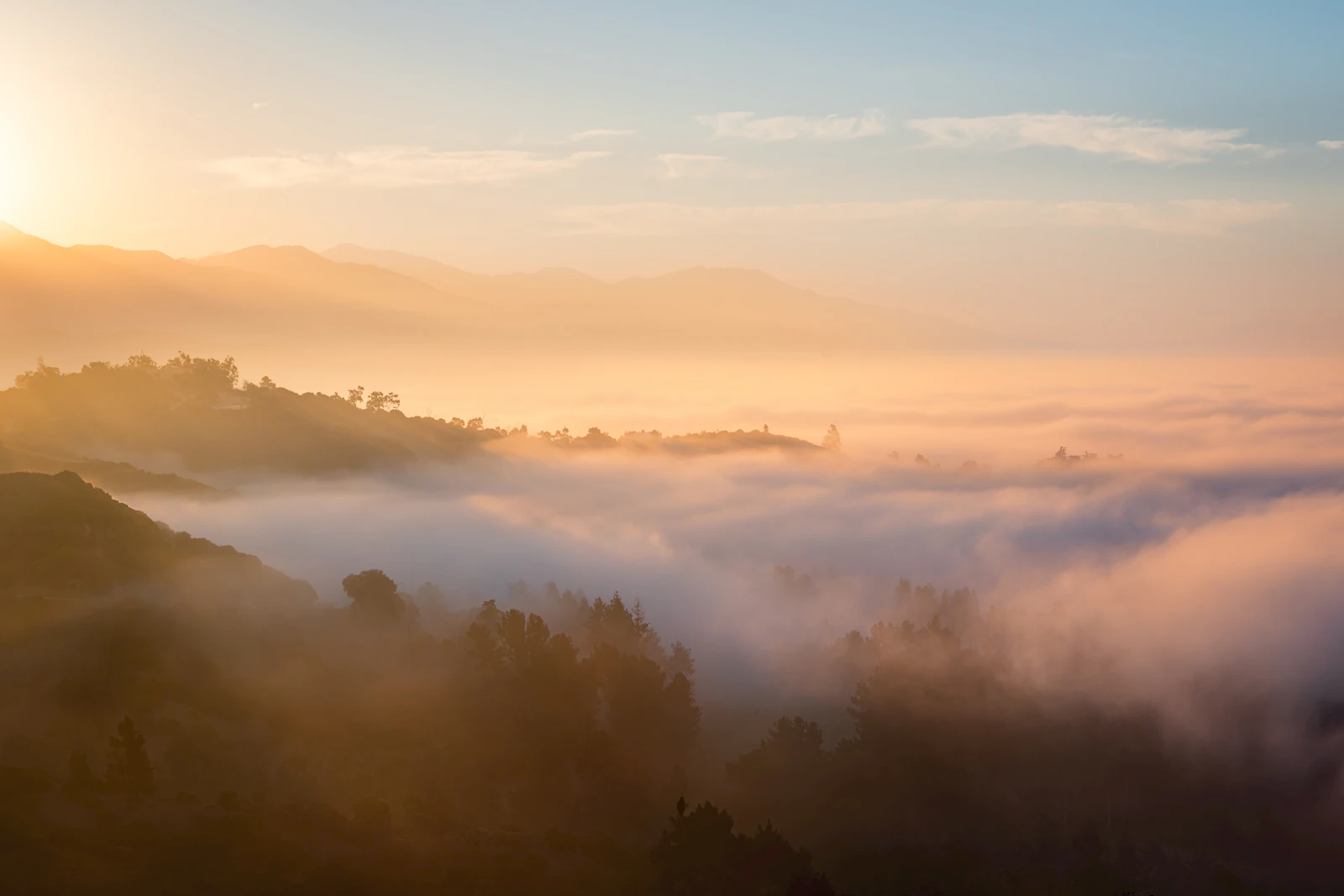 Golden dawn light breaking through fog over a mountain range — a hopeful new beginning