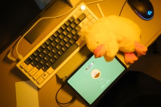 A keyboard, tablet, and plush duck.