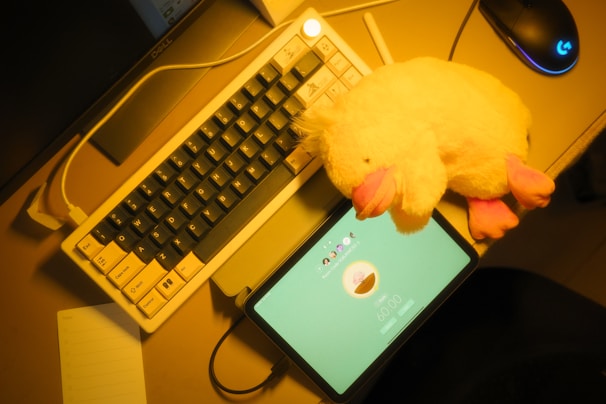 A keyboard, tablet, and plush duck.